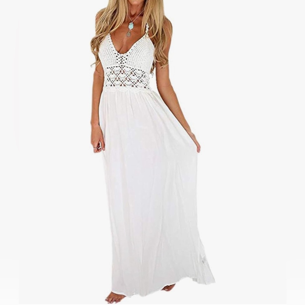 Women's Beach Crochet Backless Bohemian Halter Maxi Long Dress - size large